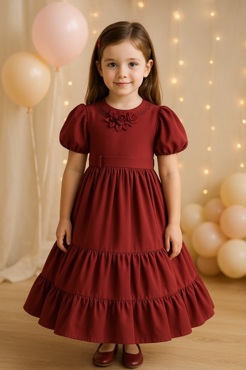 Girls Solid Puff Sleeve Fit and Flare Frock Dress - Wish Karo - photo 1