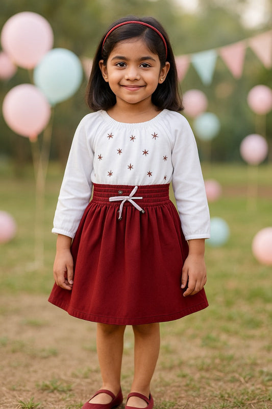 White and Maroon Fit and Flare Dress - Wish Karo