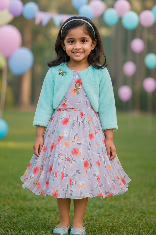 Grey Floral Printed Layered Dress - Wish Karo