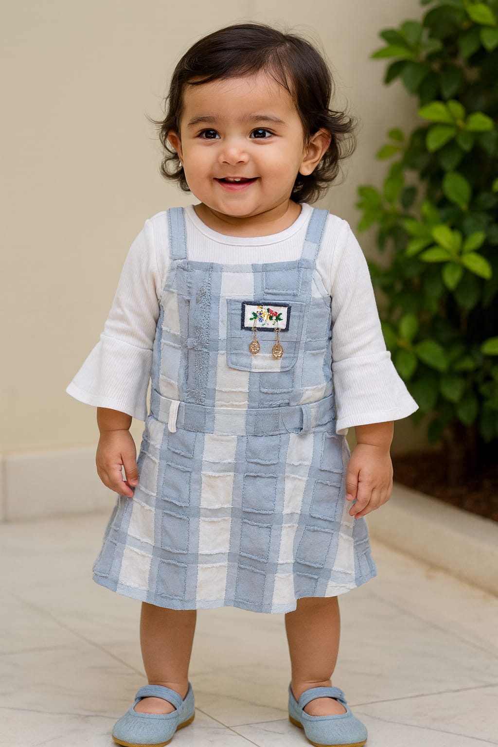 Girls Checkered Texture Flared Top with Dungaree csl1087