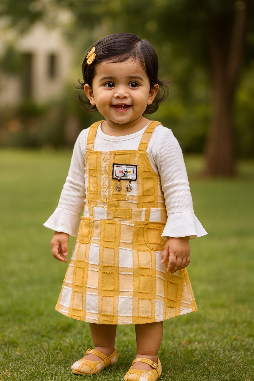 Girls Checkered Texture Flared Top with Dungaree csl1087