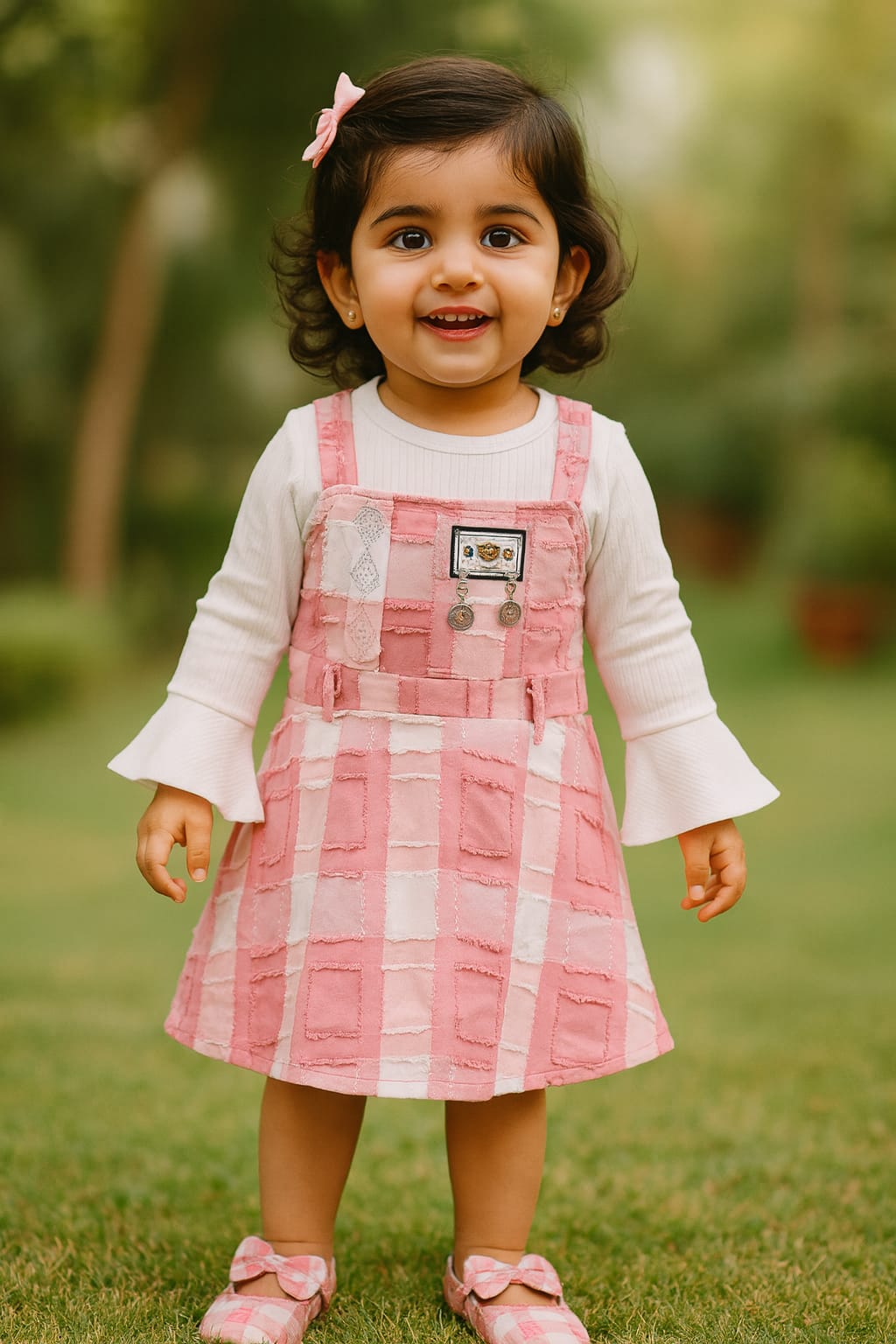 Girls Checkered Texture Flared Top with Dungaree csl1087
