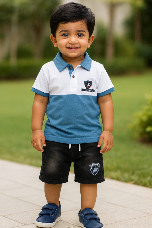 Boys Colorblock Cotton Polo T-shirt with Denim Shorts btp860