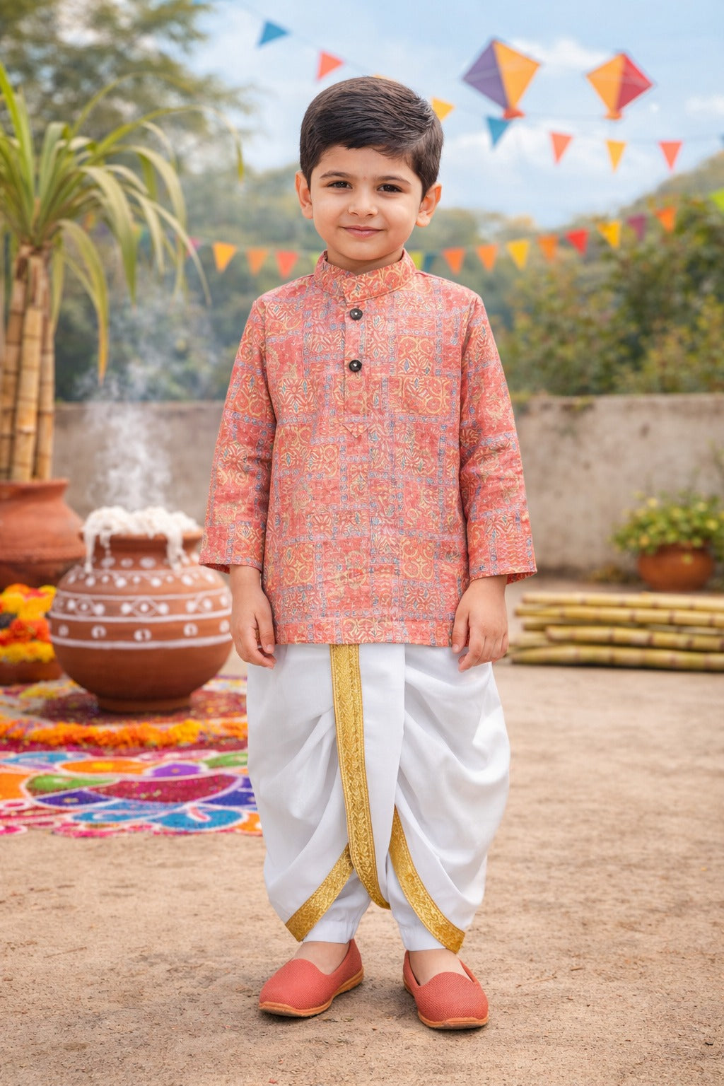 Boys Traditional Printed Art Silk Kurta and Dhoti Set - Wish Karo
