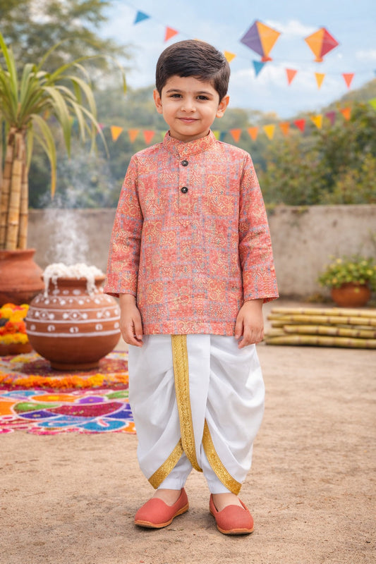 Boys Traditional Printed Art Silk Kurta and Dhoti Set - Wish Karo