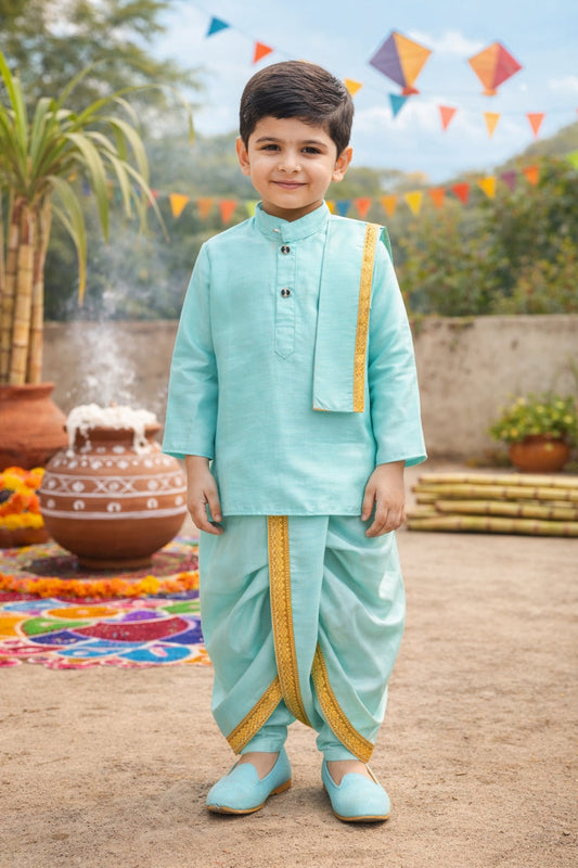 Boys Traditional Art Silk Kurta and Dhoti Set â€“ Gold Detailing - Wish Karo