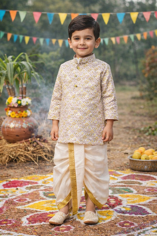 Boys Traditional Printed Art Silk Kurta and Dhoti Set - Wish Karo