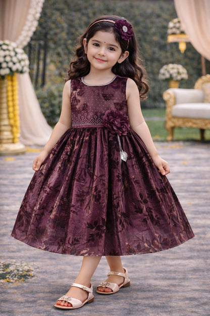 Girls Satin Floral Party Dress with 3D Flower Detail | Premium Kids Festive Wear