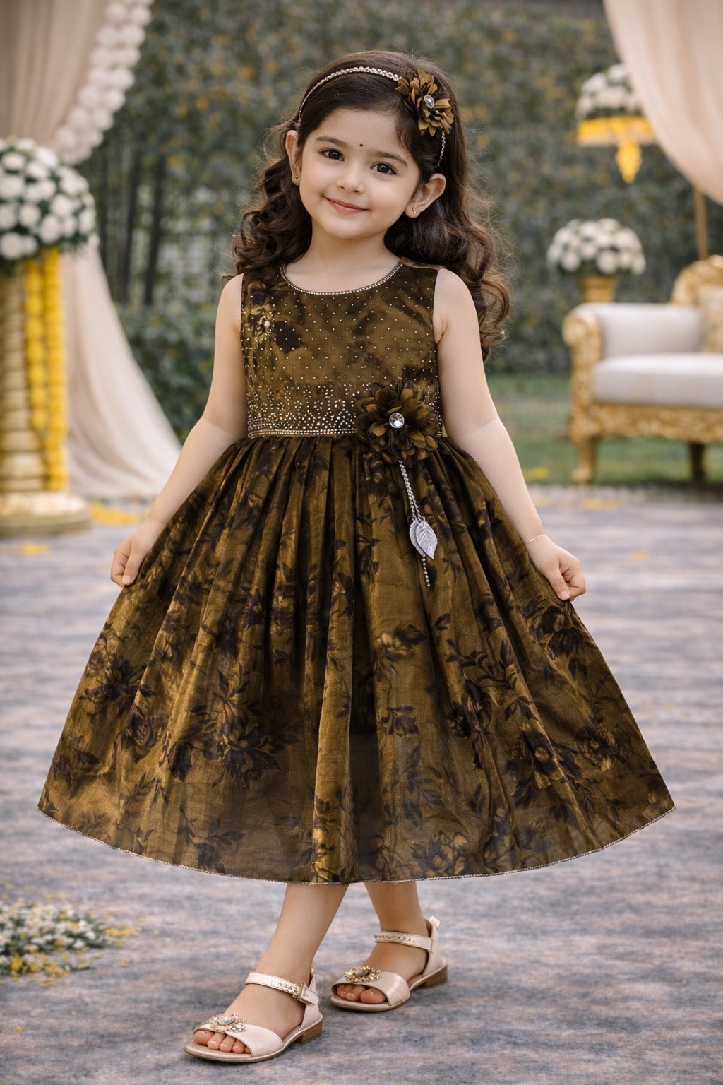 Girls Satin Floral Party Dress with 3D Flower Detail | Premium Kids Festive Wear