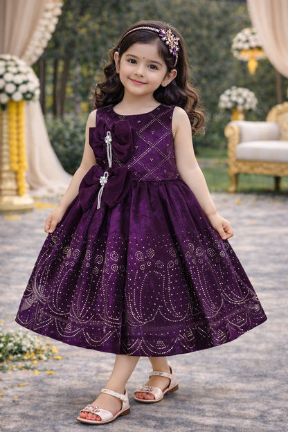 Girls Satin Party Dress with Bow Detail & Embellished Design | Premium Kids Festive Wear