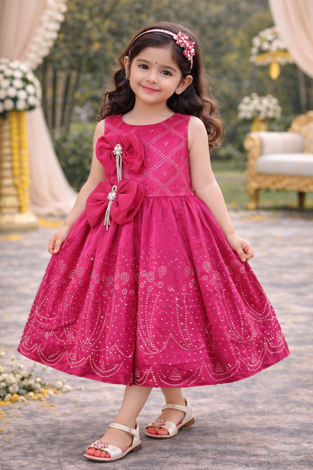 Girls Satin Party Dress with Bow Detail & Embellished Design | Premium Kids Festive Wear