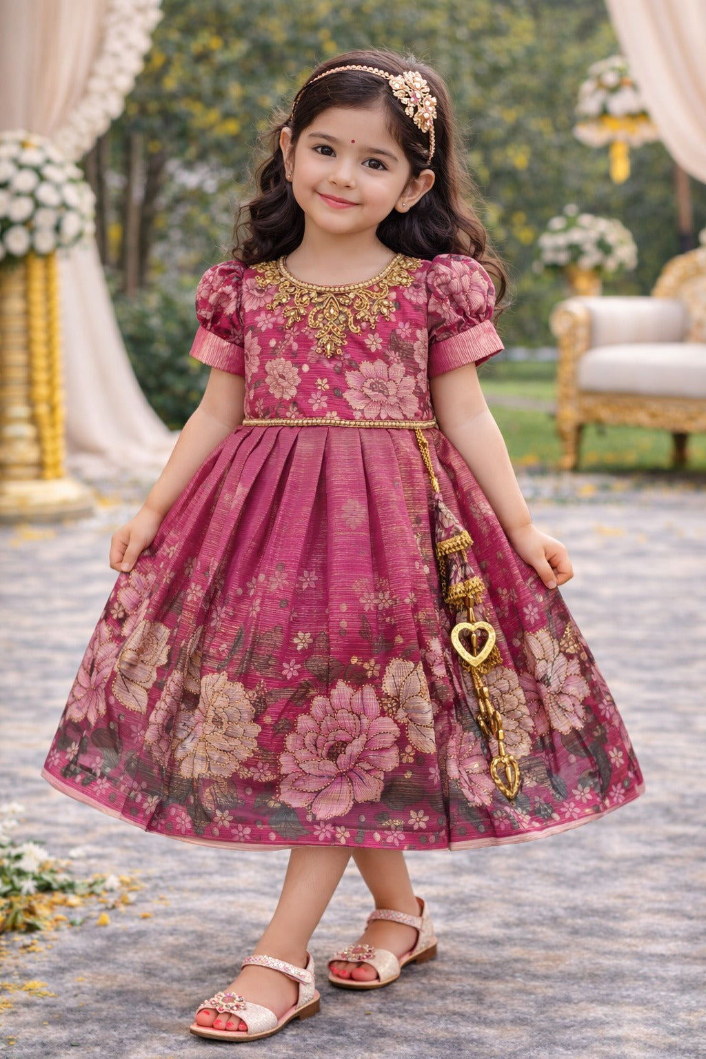 Girls Satin Floral Party Dress with Embroidery & Tassel Detail | Premium Kids Festive Wear