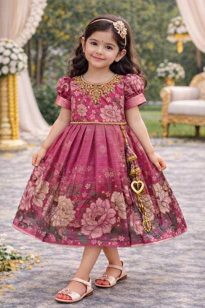 Girls Satin Floral Party Dress with Embroidery & Tassel Detail | Premium Kids Festive Wear