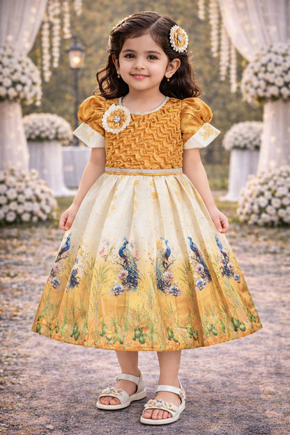 Elegant Kids Peacock Party Dress – Satin Fabric | Puff Sleeves | Designer Occasion Wear
