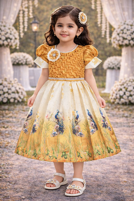 Elegant Kids Peacock Party Dress – Satin Fabric | Puff Sleeves | Designer Occasion Wear