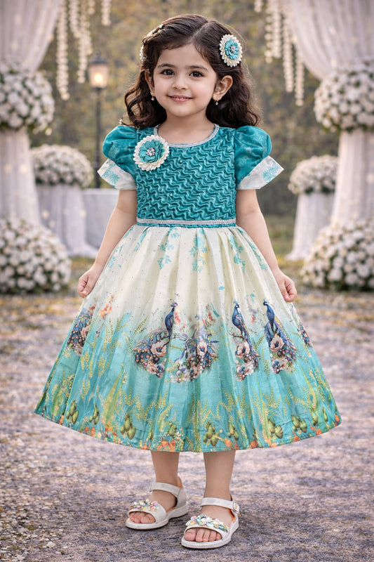 Elegant Kids Peacock Party Dress – Satin Fabric | Puff Sleeves | Designer Occasion Wear