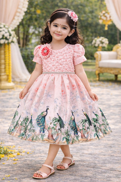 Girls Party Wear Satin Dress with Textured Bodice & Peacock Print Skirt