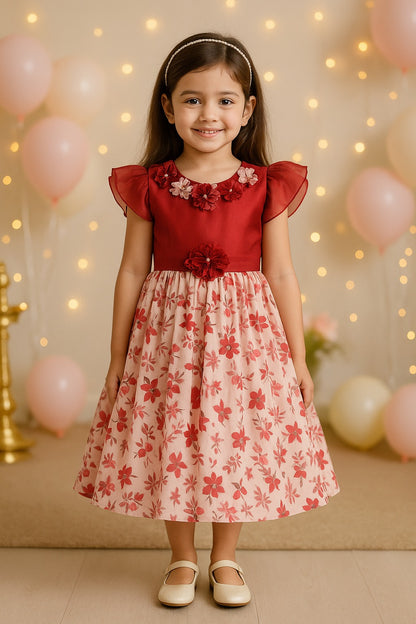 Girls Floral Embellished Printed Party Dress fep3427