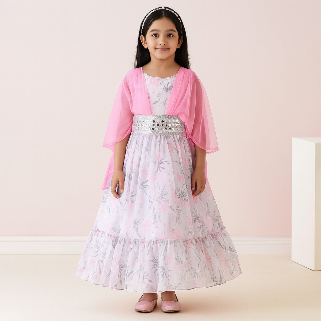 Girls Flowy Sleeves Mirror Belt Tiered Dress