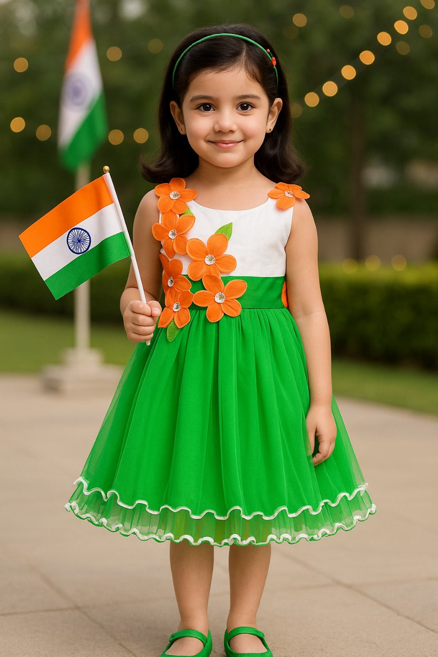 Girls Floral Applique Tricolor Republic Day Special Dress