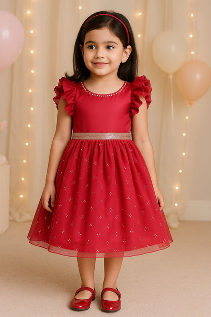 Girls Pearl Embellished Balloon Sleeve Party Dress fe3526