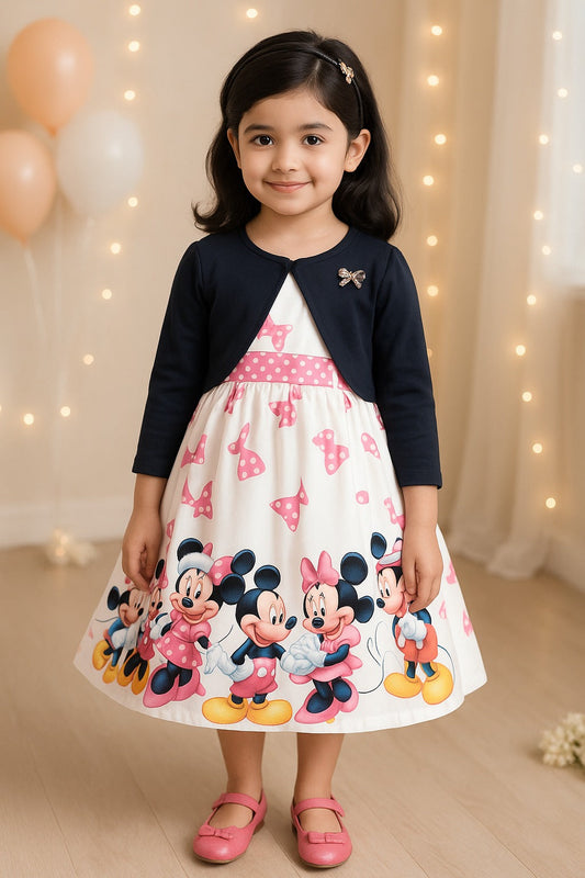 Girls Full Sleeve Graphic Print A-Line Frock Dress (stn730pnk)