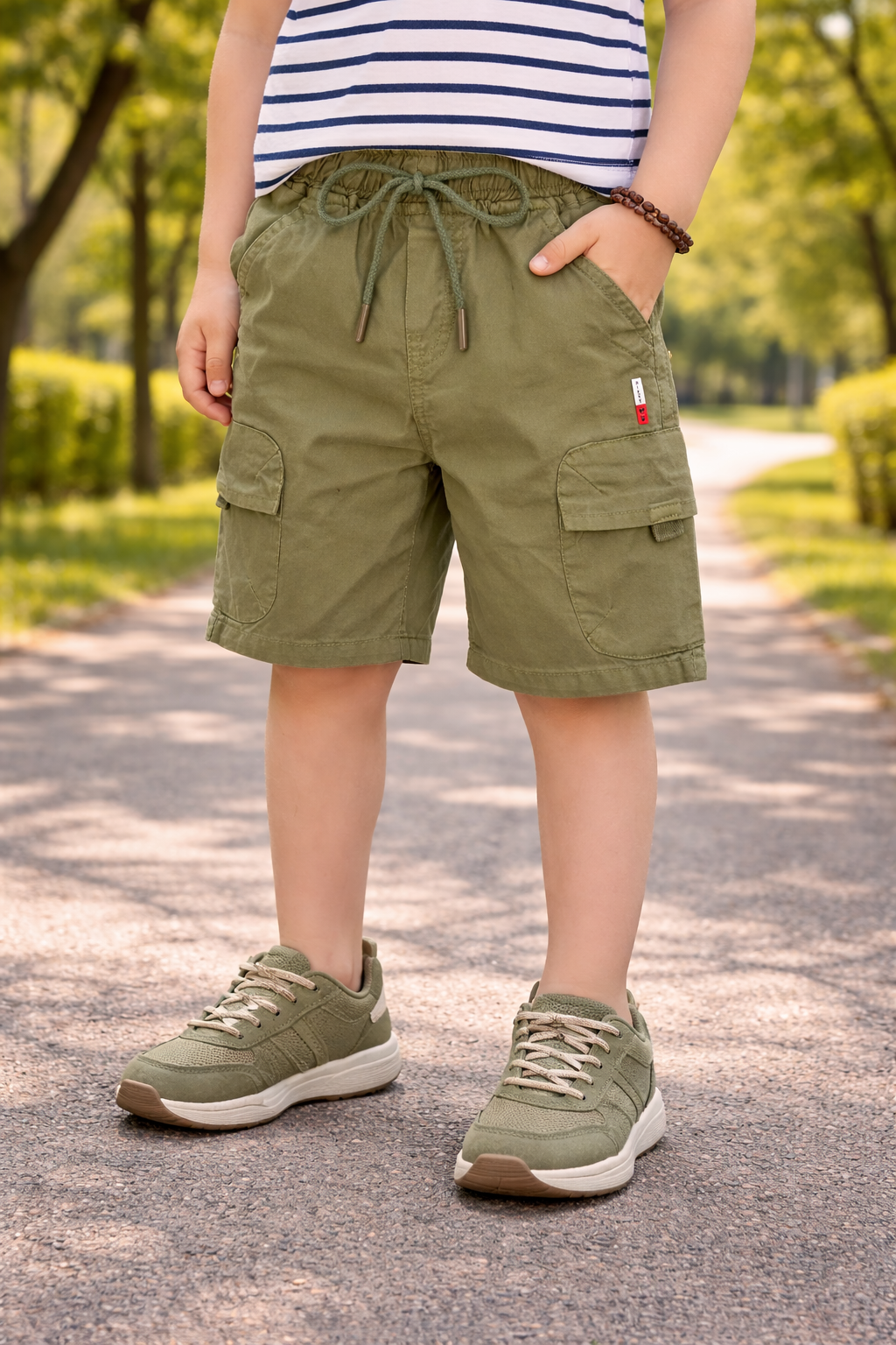 Boys Cotton Denim Cargo Shorts with Drawstring Waist shrt016