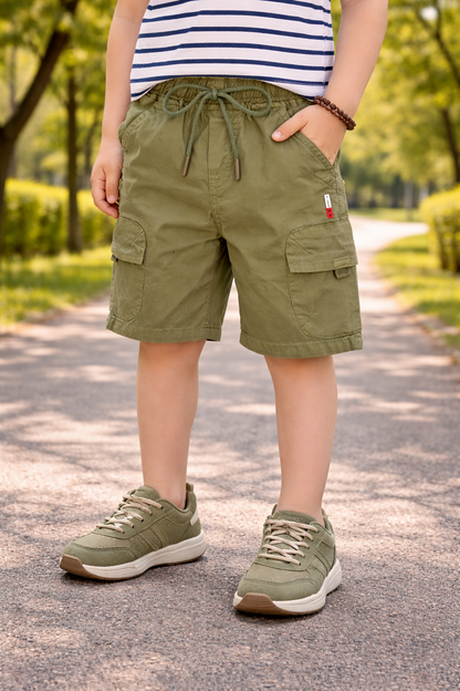 Boys Cotton Denim Cargo Shorts with Drawstring Waist shrt016