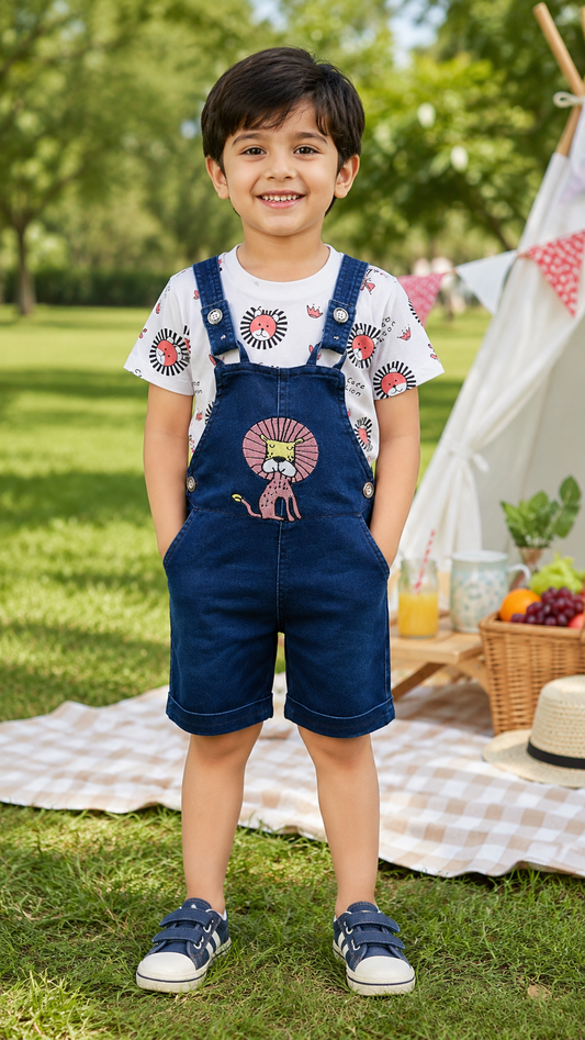 Cute Lion Print Baby Denim Dungaree Set – Soft Cotton T-Shirt & Denim Shorts Outfit