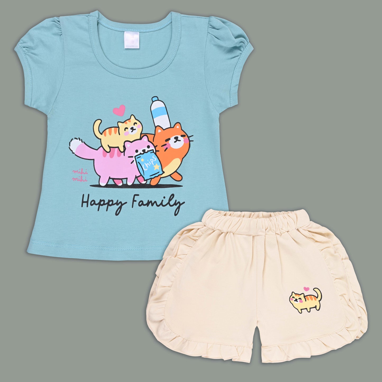 Girls Cat Print Cotton T-shirt and Ruffle Shorts Set bt881