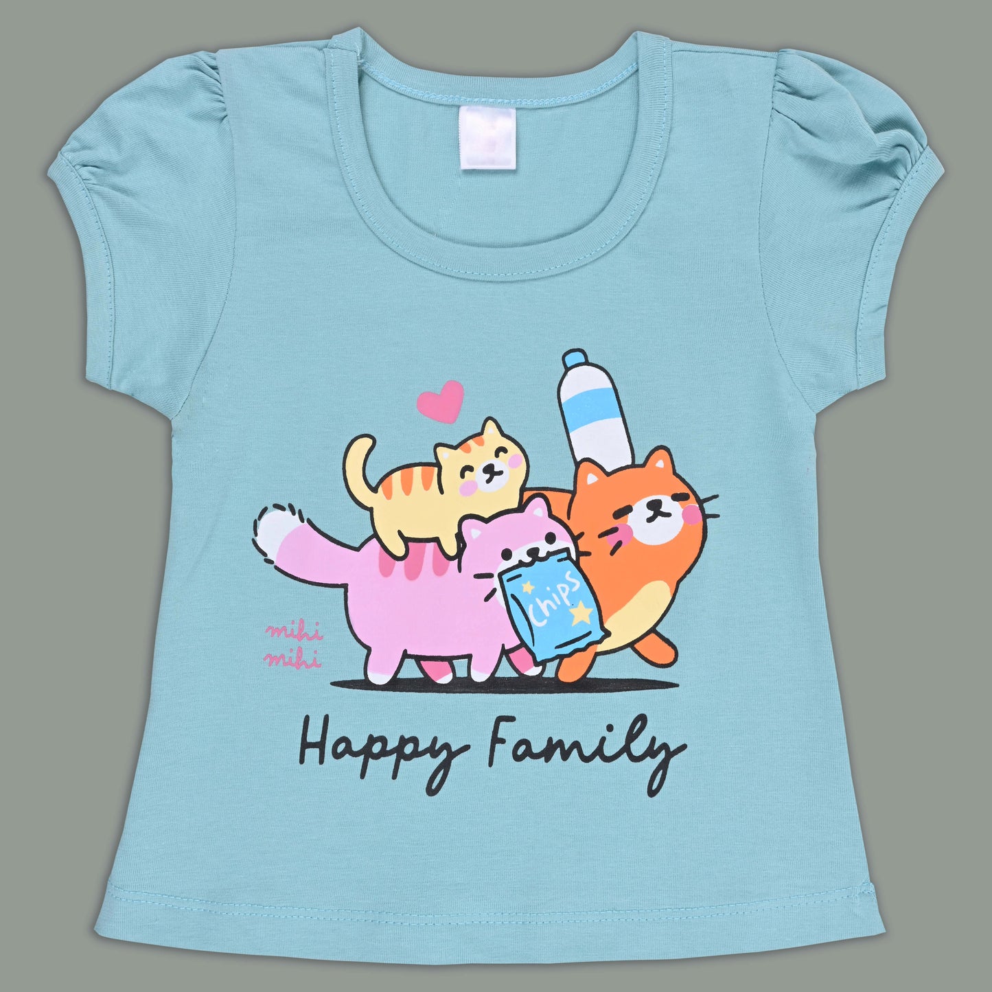 Girls Cat Print Cotton T-shirt and Ruffle Shorts Set bt881