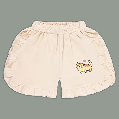 Girls Cat Print Cotton T-shirt and Ruffle Shorts Set bt881