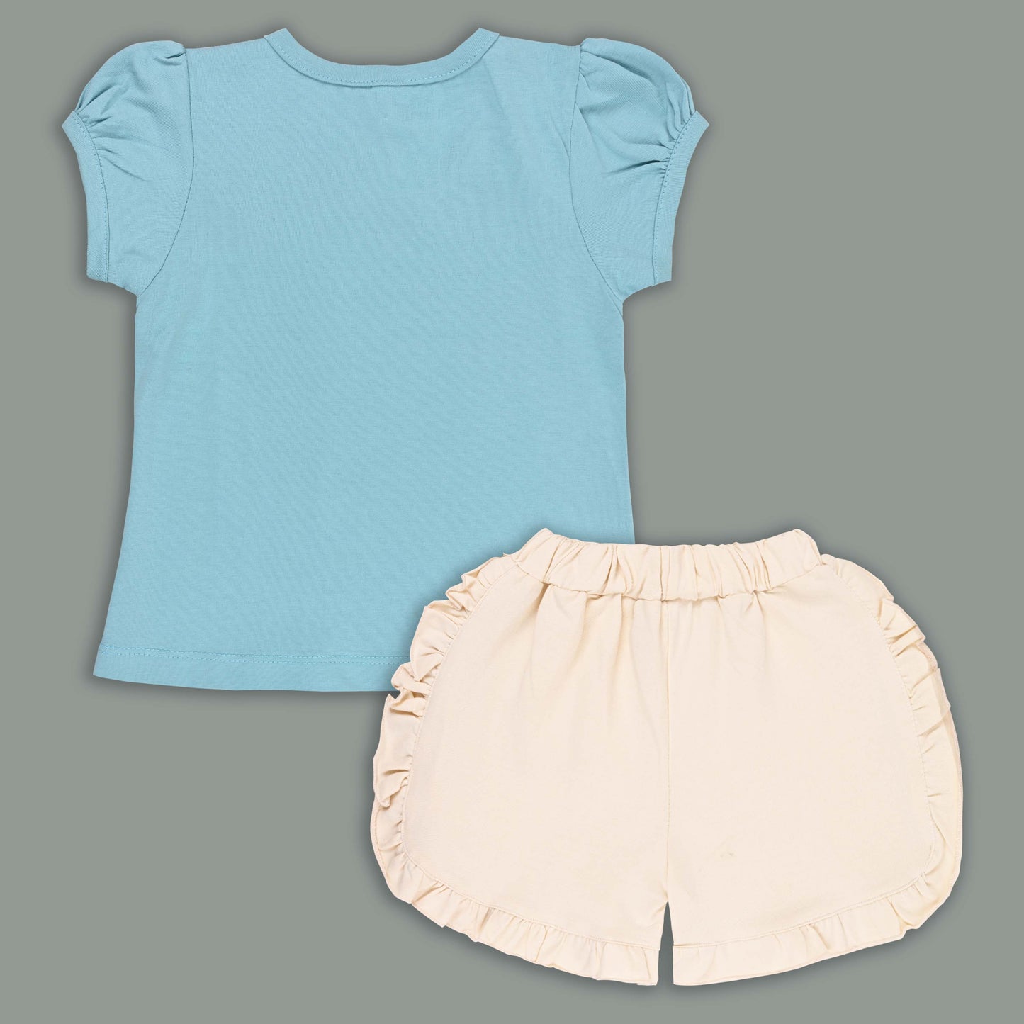 Girls Cat Print Cotton T-shirt and Ruffle Shorts Set bt881