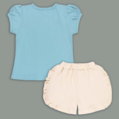 Girls Cat Print Cotton T-shirt and Ruffle Shorts Set bt881