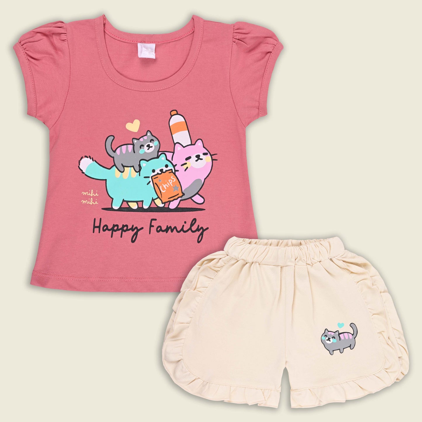 Girls Cat Print Cotton T-shirt and Ruffle Shorts Set bt881