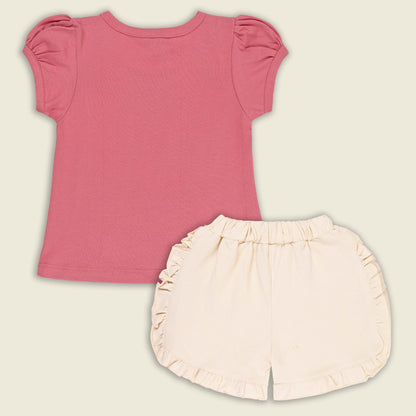 Girls Cat Print Cotton T-shirt and Ruffle Shorts Set bt881