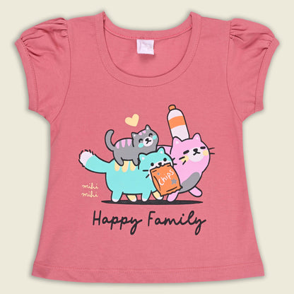 Girls Cat Print Cotton T-shirt and Ruffle Shorts Set bt881