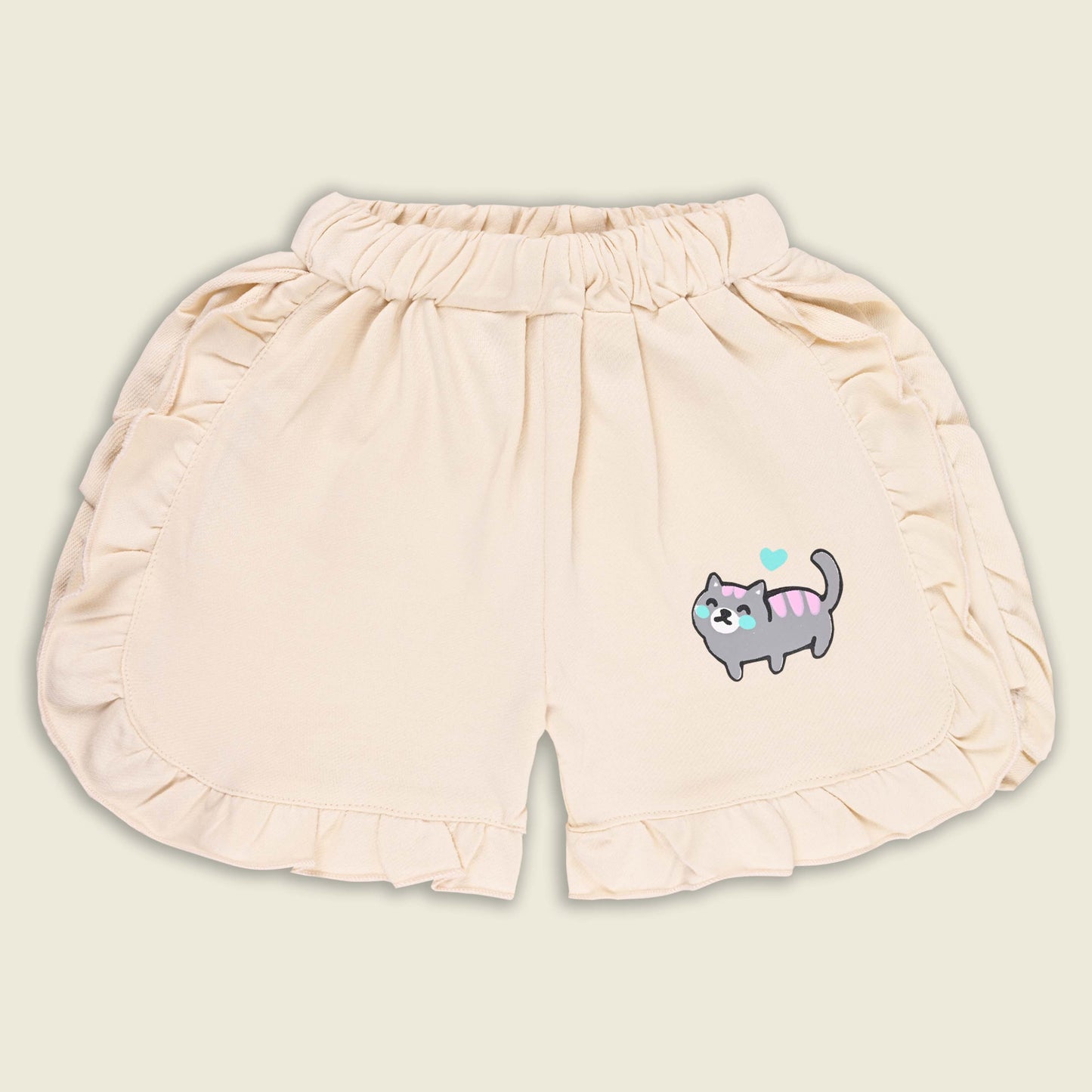 Girls Cat Print Cotton T-shirt and Ruffle Shorts Set bt881