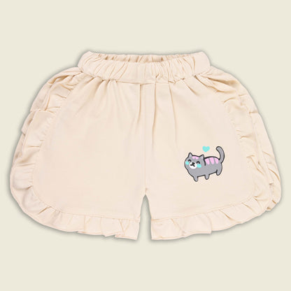 Girls Cat Print Cotton T-shirt and Ruffle Shorts Set bt881