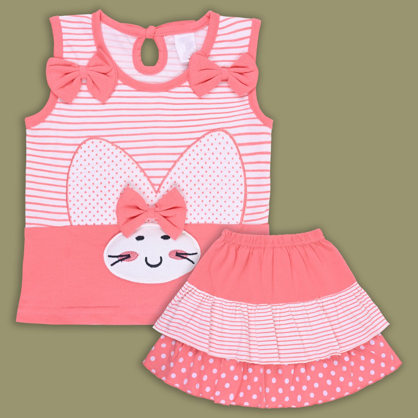 Girls Bow Cartoon Print Top & Skirt Summer Co-ord Set bt883lpnk