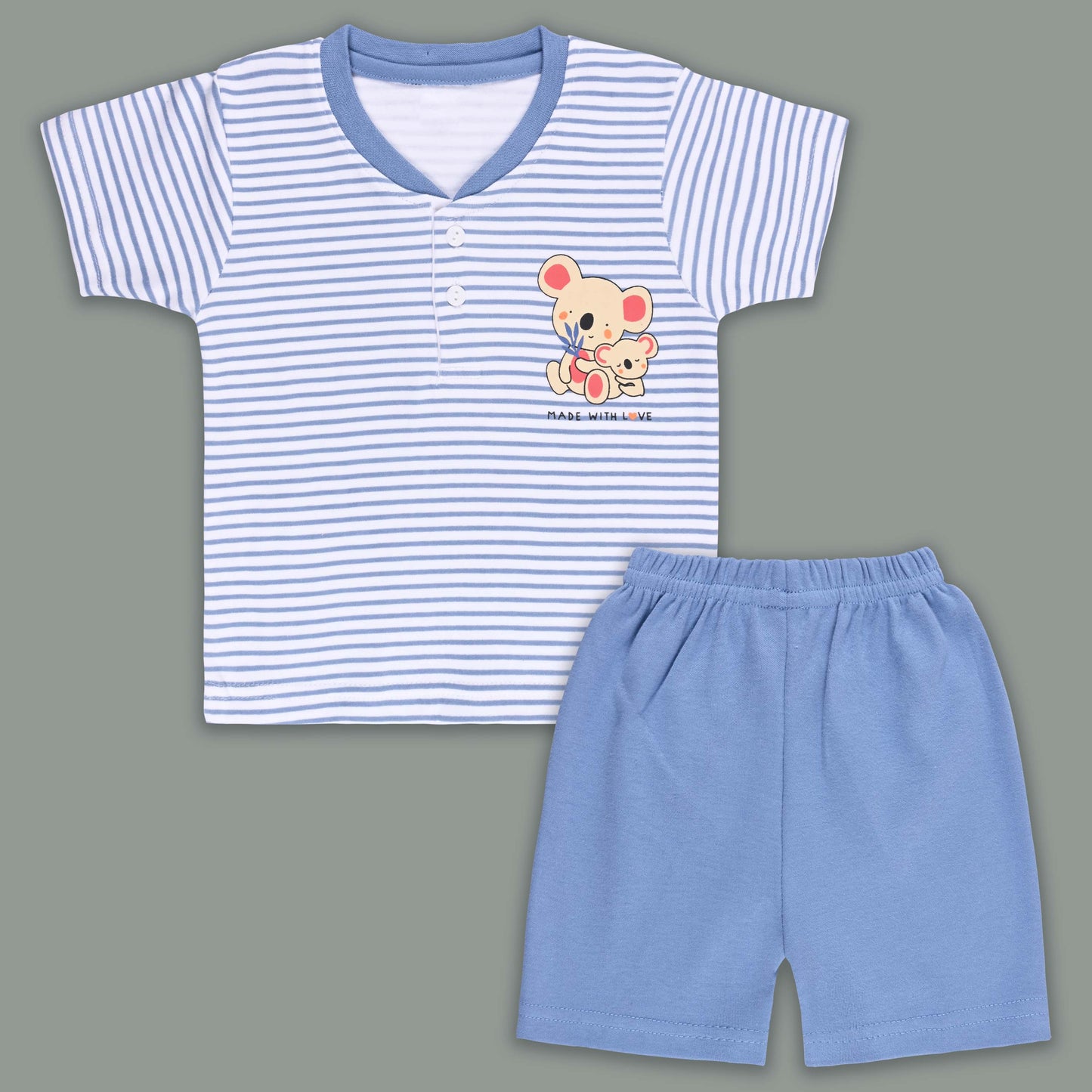 Boys Striped Teddy Print Cotton T-shirt and Shorts Set bte849