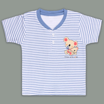 Boys Striped Teddy Print Cotton T-shirt and Shorts Set bte849