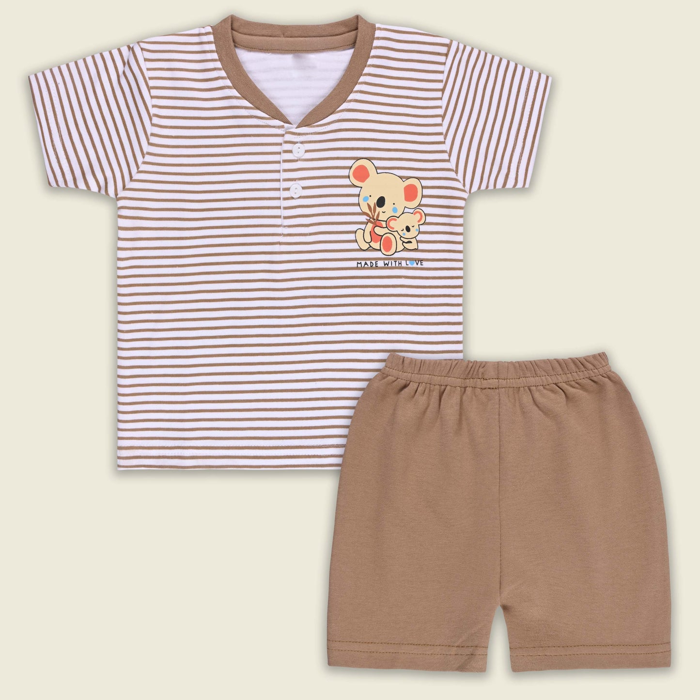 Boys Striped Teddy Print Cotton T-shirt and Shorts Set bte849