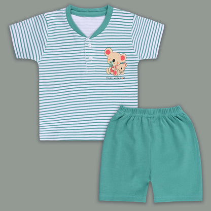 Boys Striped Teddy Print Cotton T-shirt and Shorts Set bte849