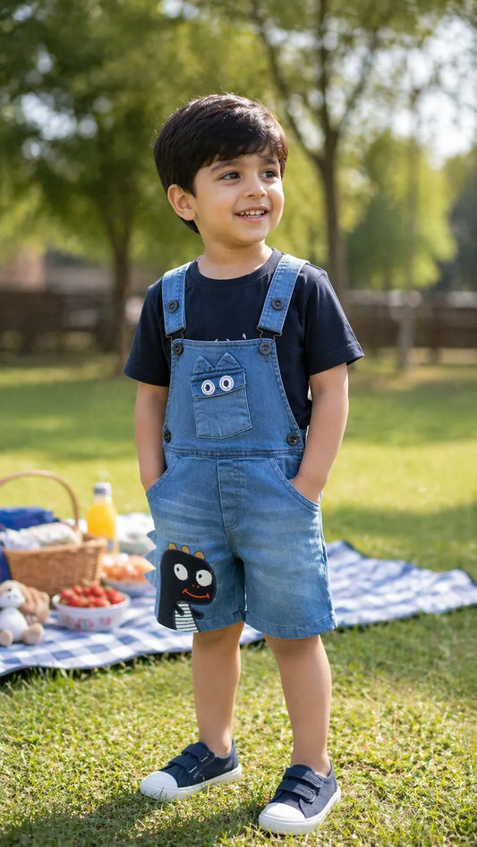 Boys Cartoon Cotton Tshirt and Denim Dungaree Set - Wish Karo - photo 1