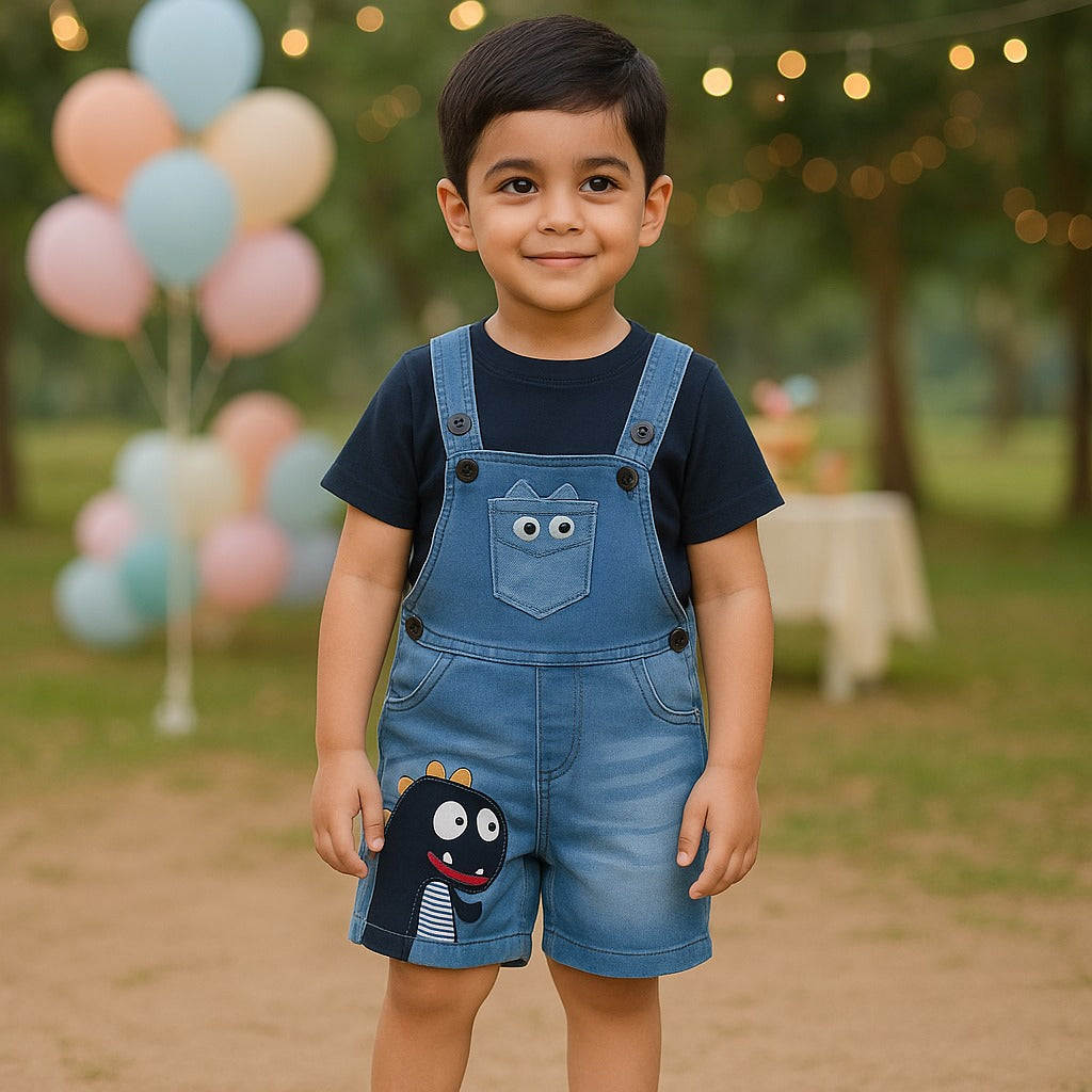Boys Cartoon Cotton Tshirt and Denim Dungaree Set