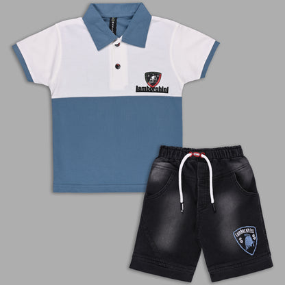 Boys Colorblock Cotton Polo T-shirt with Denim Shorts btp860