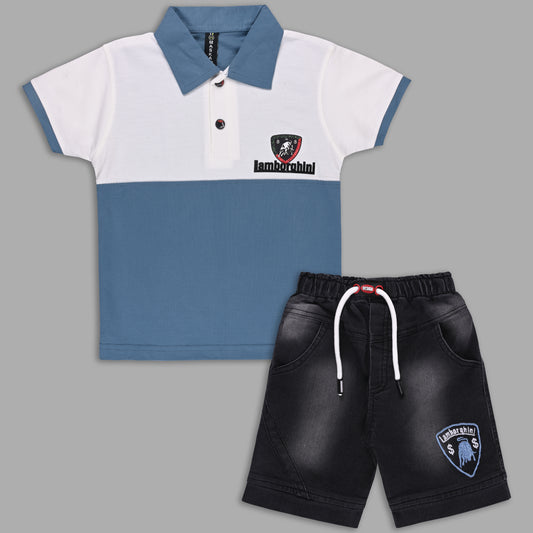 Boys Colorblock Cotton Polo T-shirt with Denim Shorts btp860