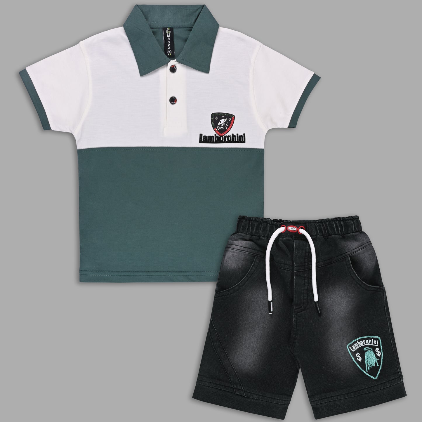 Boys Colorblock Cotton Polo T-shirt with Denim Shorts btp860