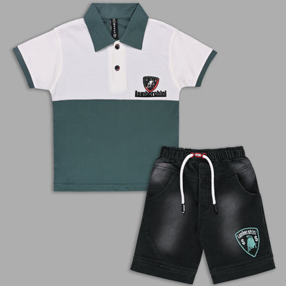 Boys Colorblock Cotton Polo T-shirt with Denim Shorts btp860